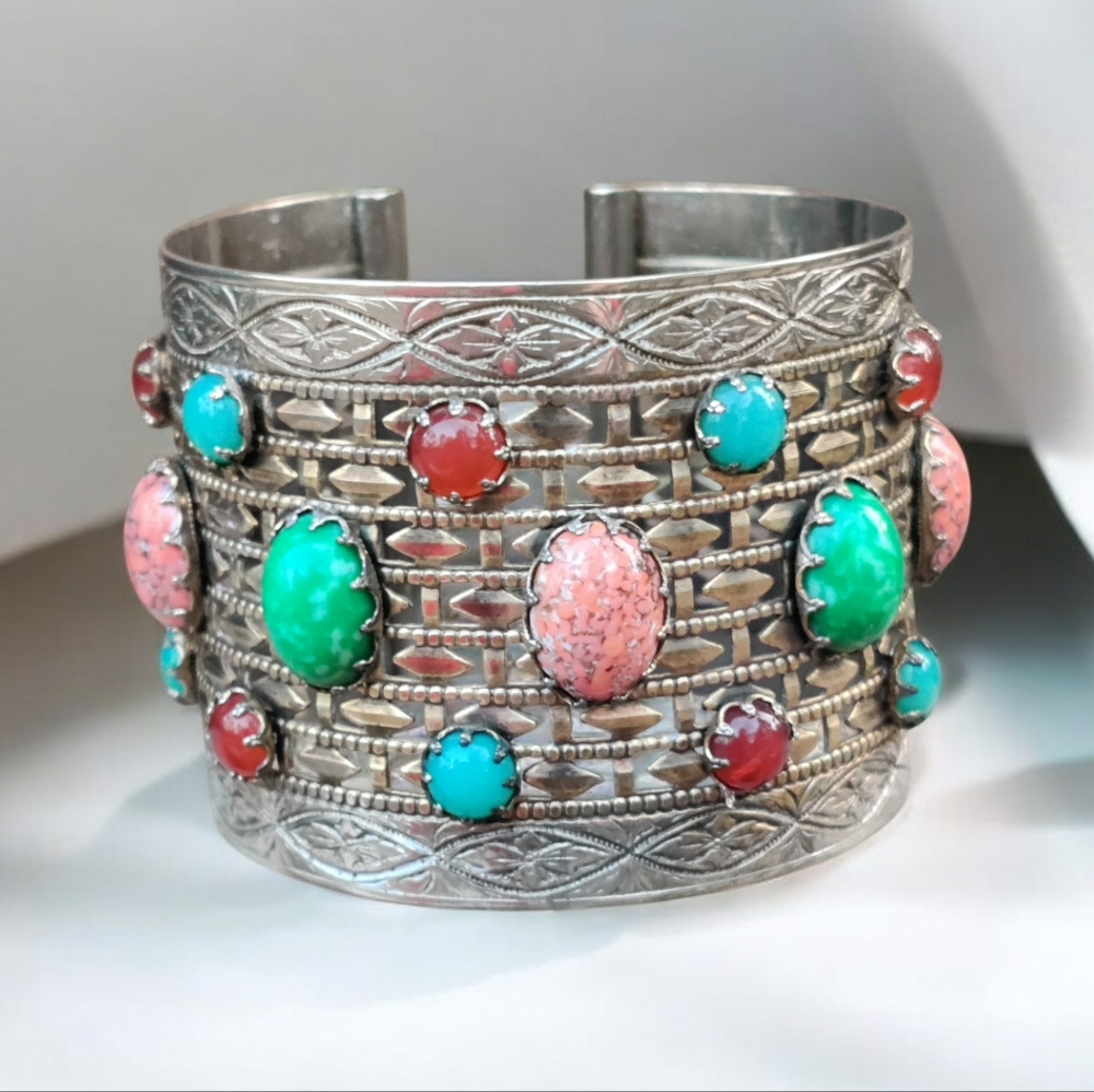 Rare vintage medieval style colorful gemstone wide cuff bracelet - Picture 1 of 6